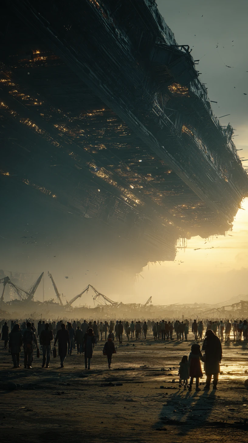 Futuristic ark spaceship towers over ruined earth cityscape