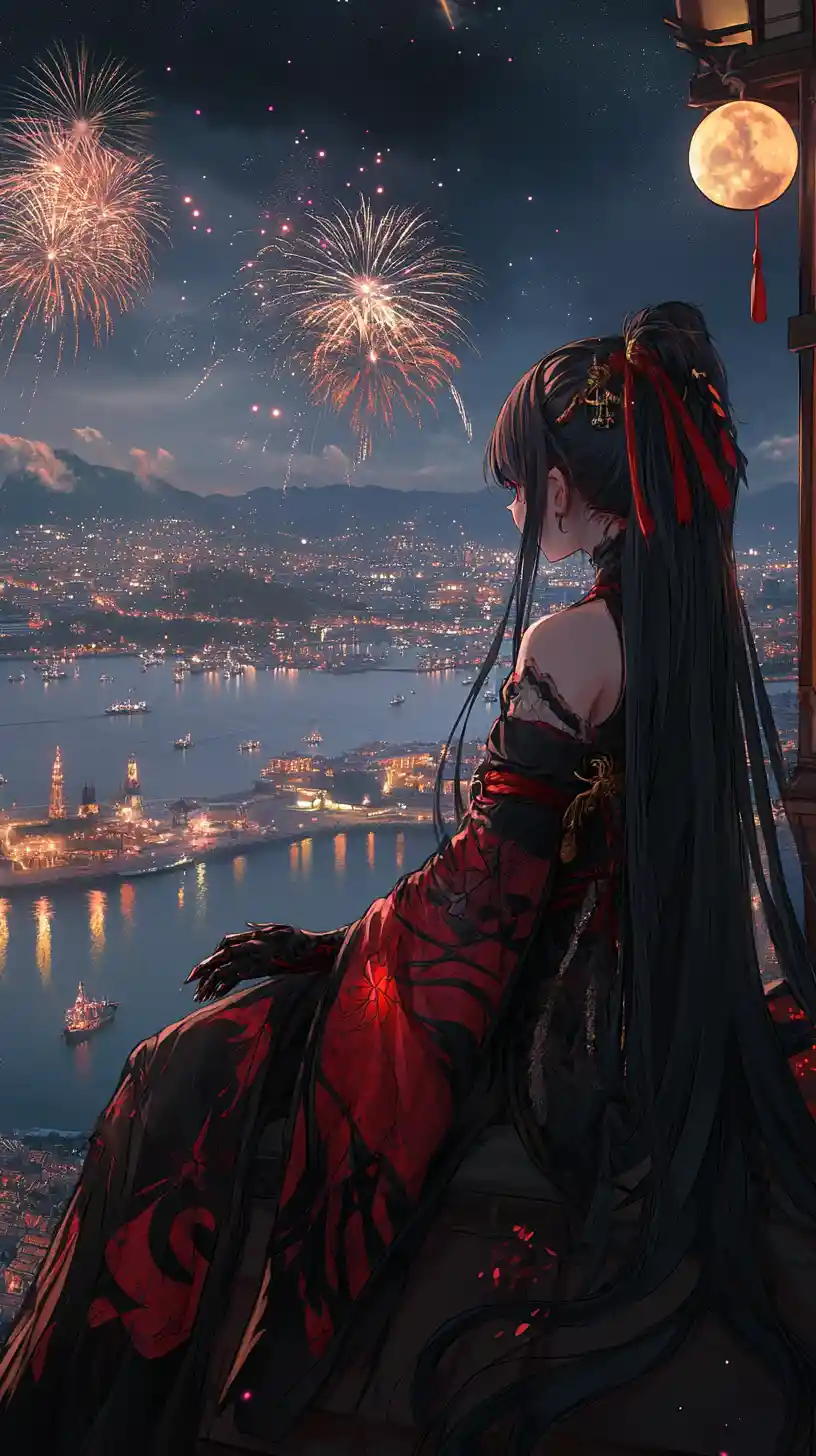 Sad girl on a mansion rooftop watching distant fireworks