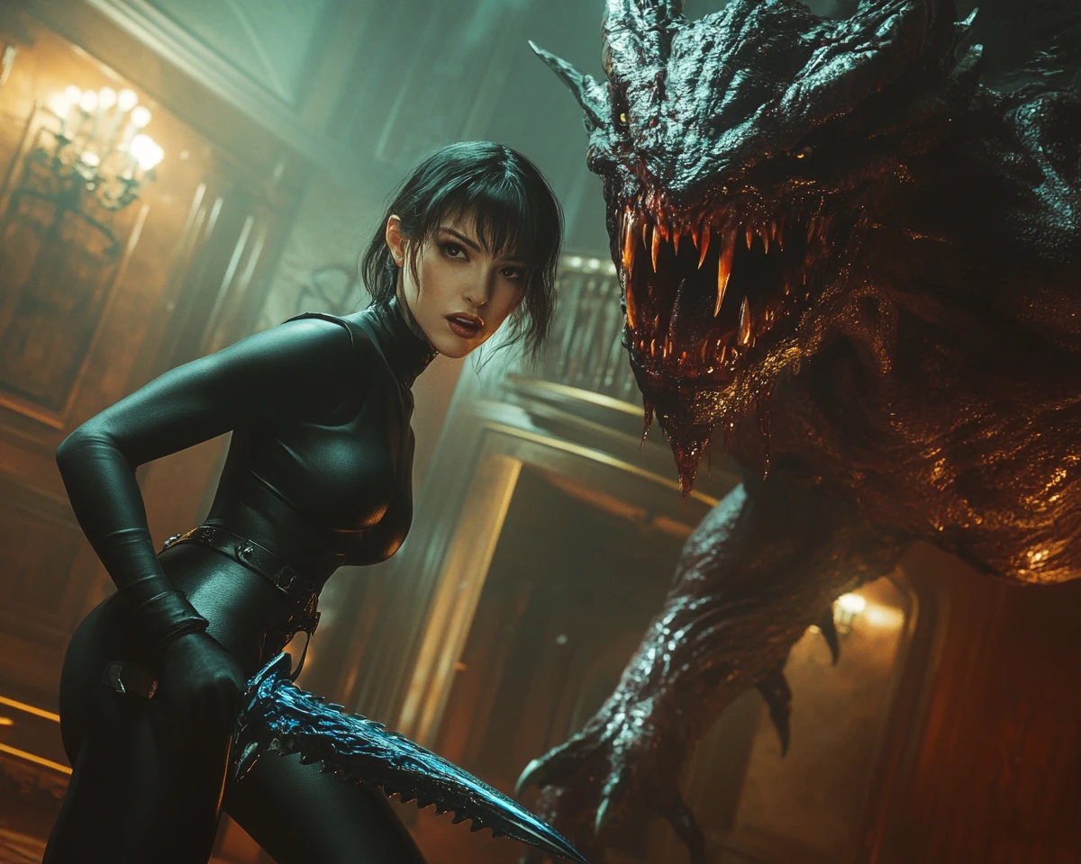 Woman warrior fights shadow demon in gothic interior