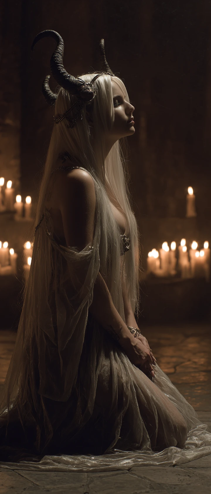 Horned gothic woman kneeling in candlelit dungeon