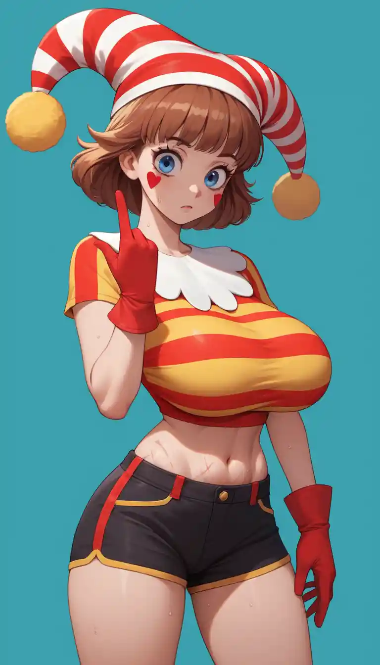 Anime jester girl with worried eyes in dark archway