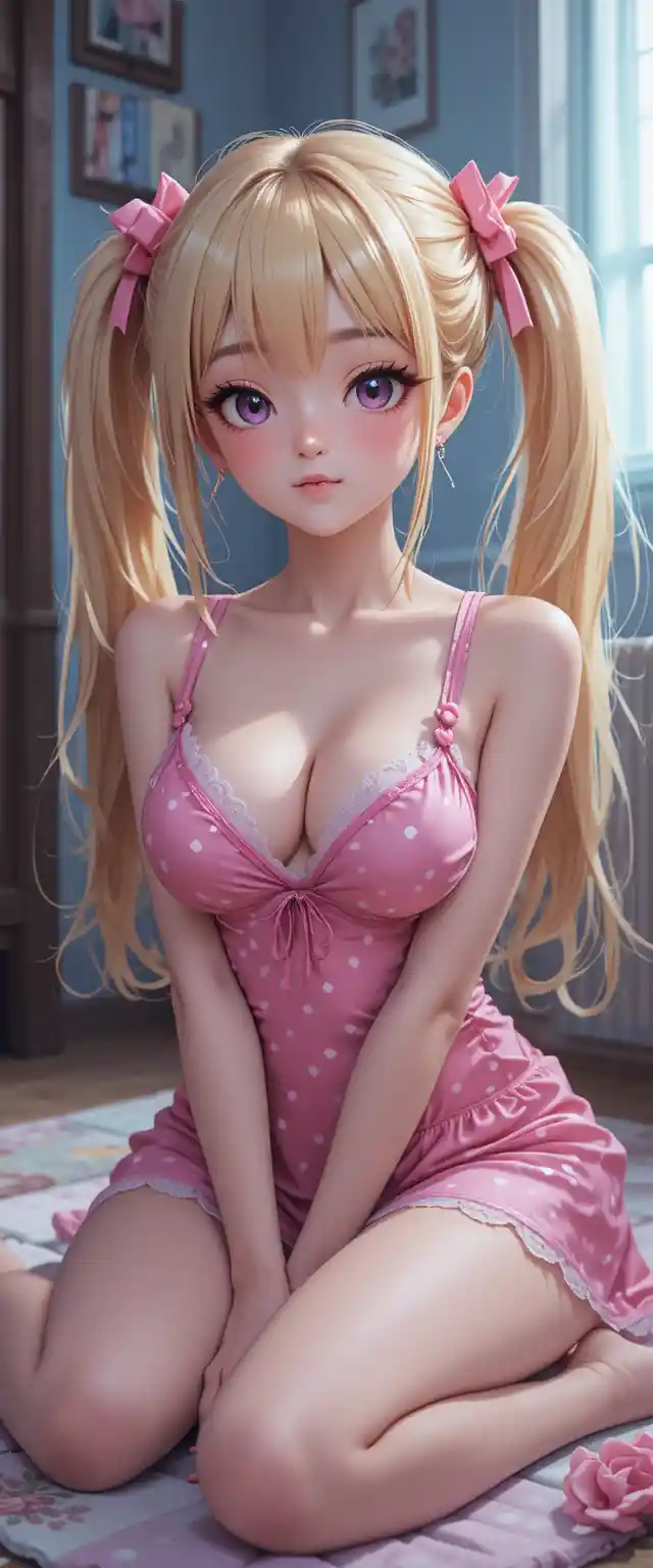 Jolie fille d’anime blonde se relaxant au sol