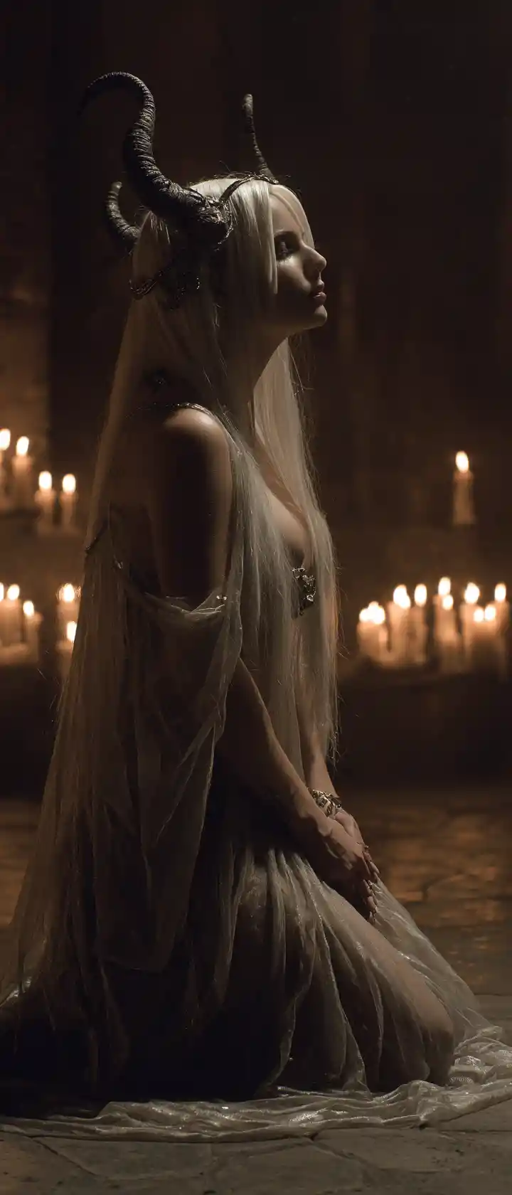 Horned gothic woman kneeling in candlelit dungeon
