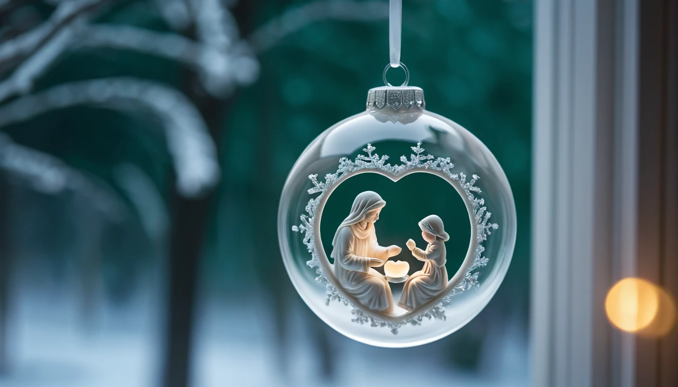 Glass mother and child christmas ornament glowing in window