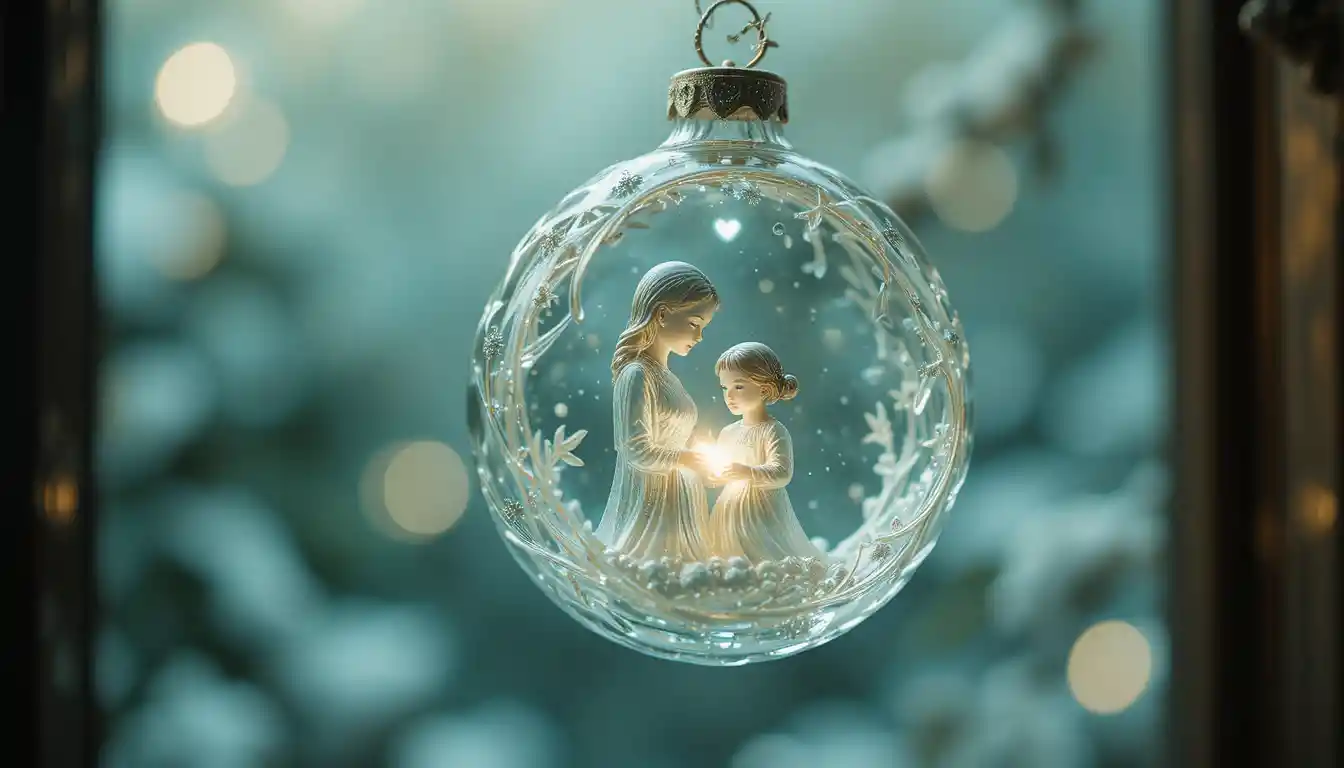 Enfeite de Natal de vidro com mãe e filho brilhando na janela