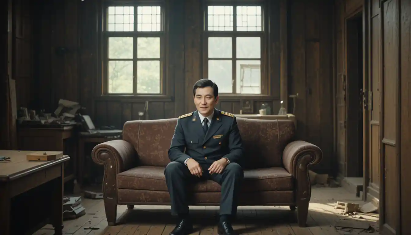 Elderly Taiwanese policeman in sunlit rural living room