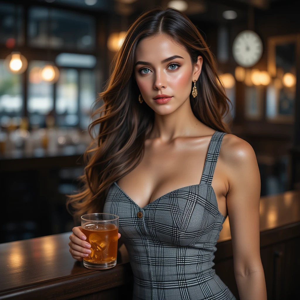 Elegante Frau im grauen Karokleid an der Bar