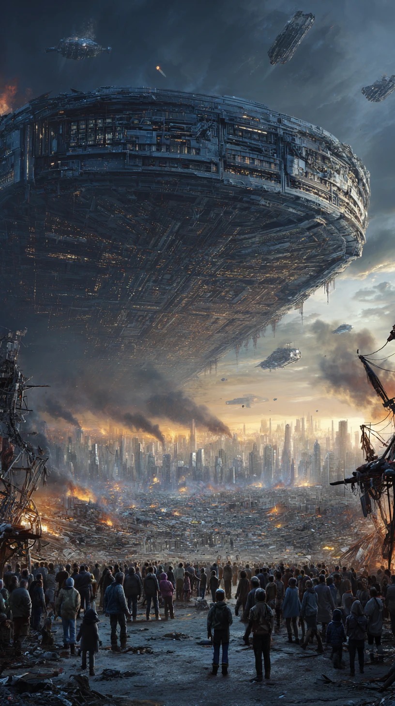Desperate crowds boarding a glowing ark starship