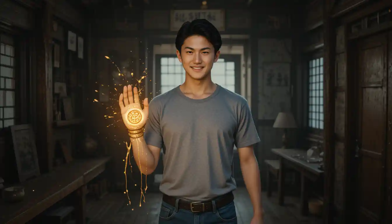 Man Holding Glowing Bracelet In Old Taiwanese Wooden House