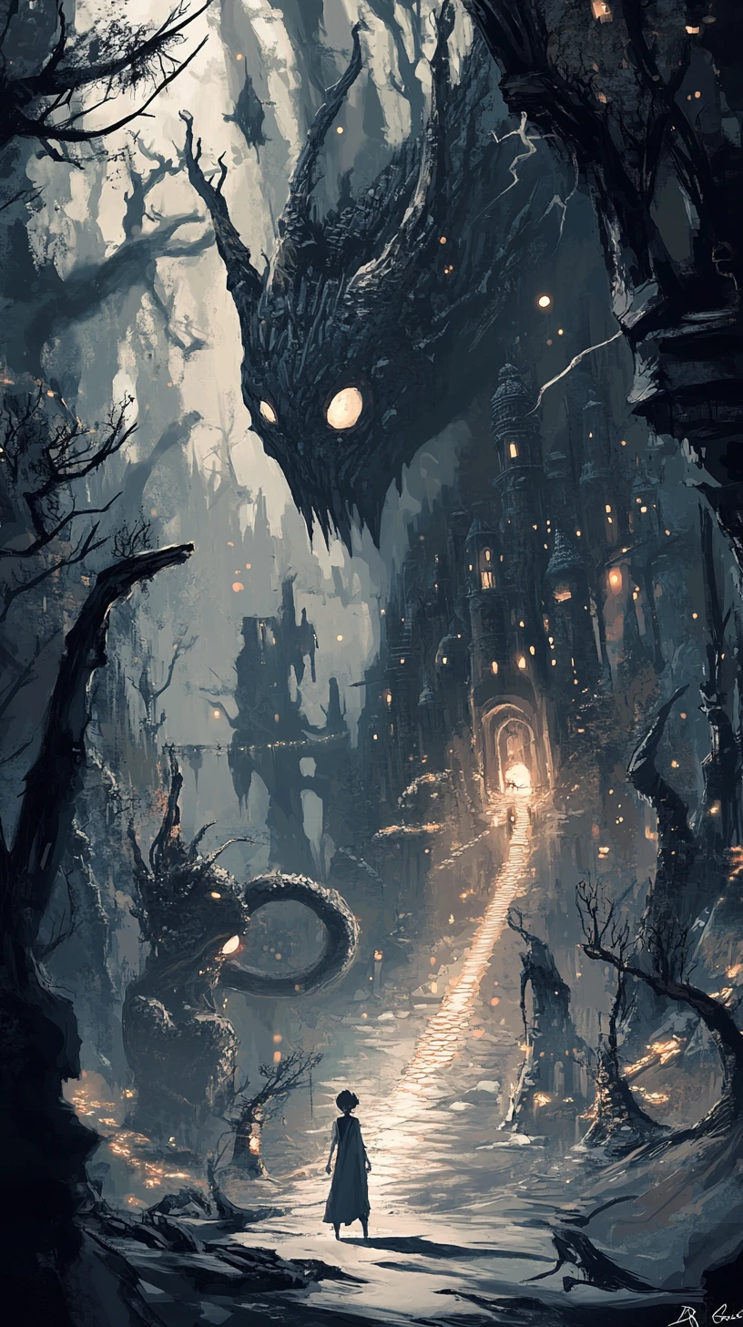 Giovane eroe in una cupa e atmosferica città fantasy