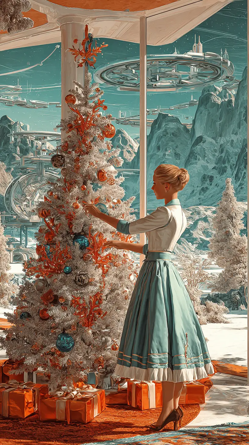 Retro woman decorating a Christmas tree by fireplace