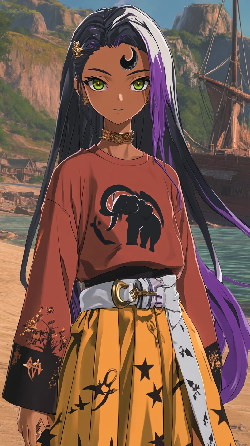 Fille d’anime avec katana marchant le long d’un château au bord de la rivière