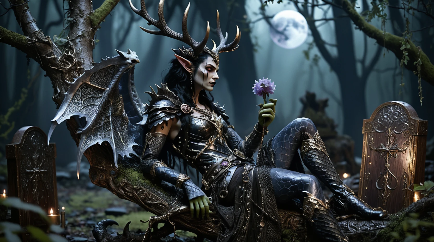 Gothic winged sorceress sleeping in a moonlit forest