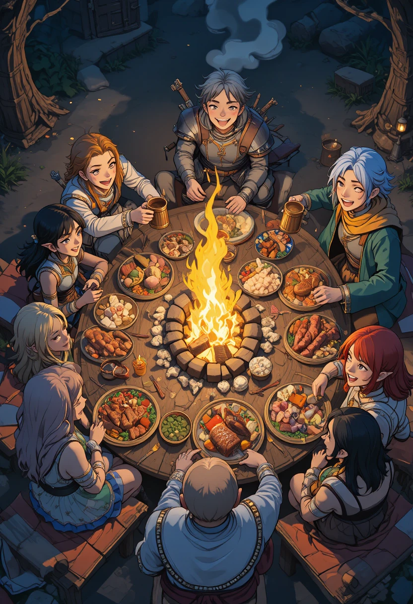 Fantasy adventurers feast around a glowing campfire at night