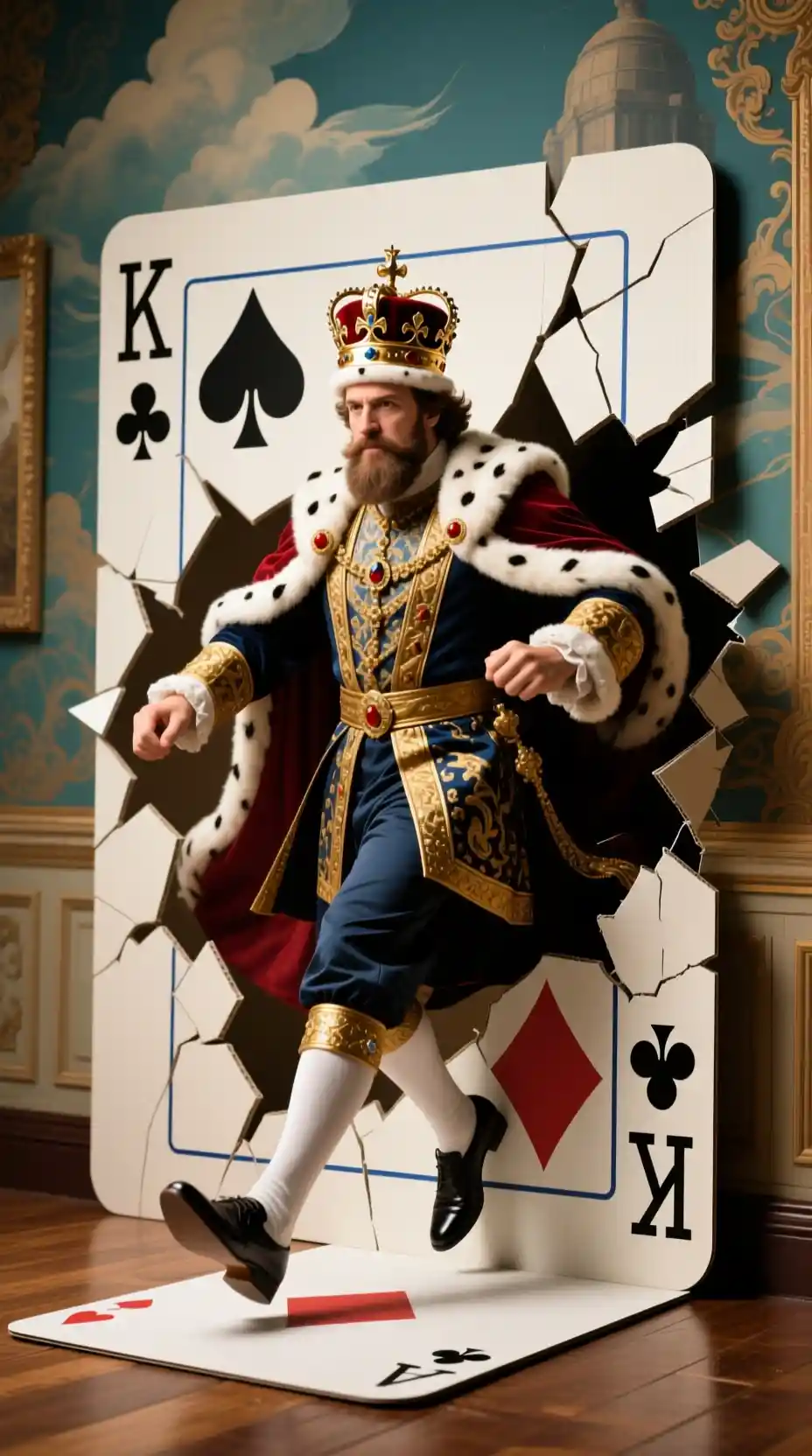 Surreal king of cards stepping out into a new realm