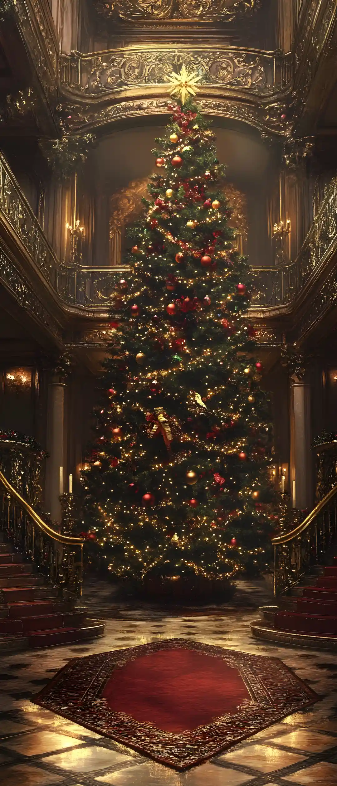 Grande albero di Natale in un corridoio decorato in stile barocco