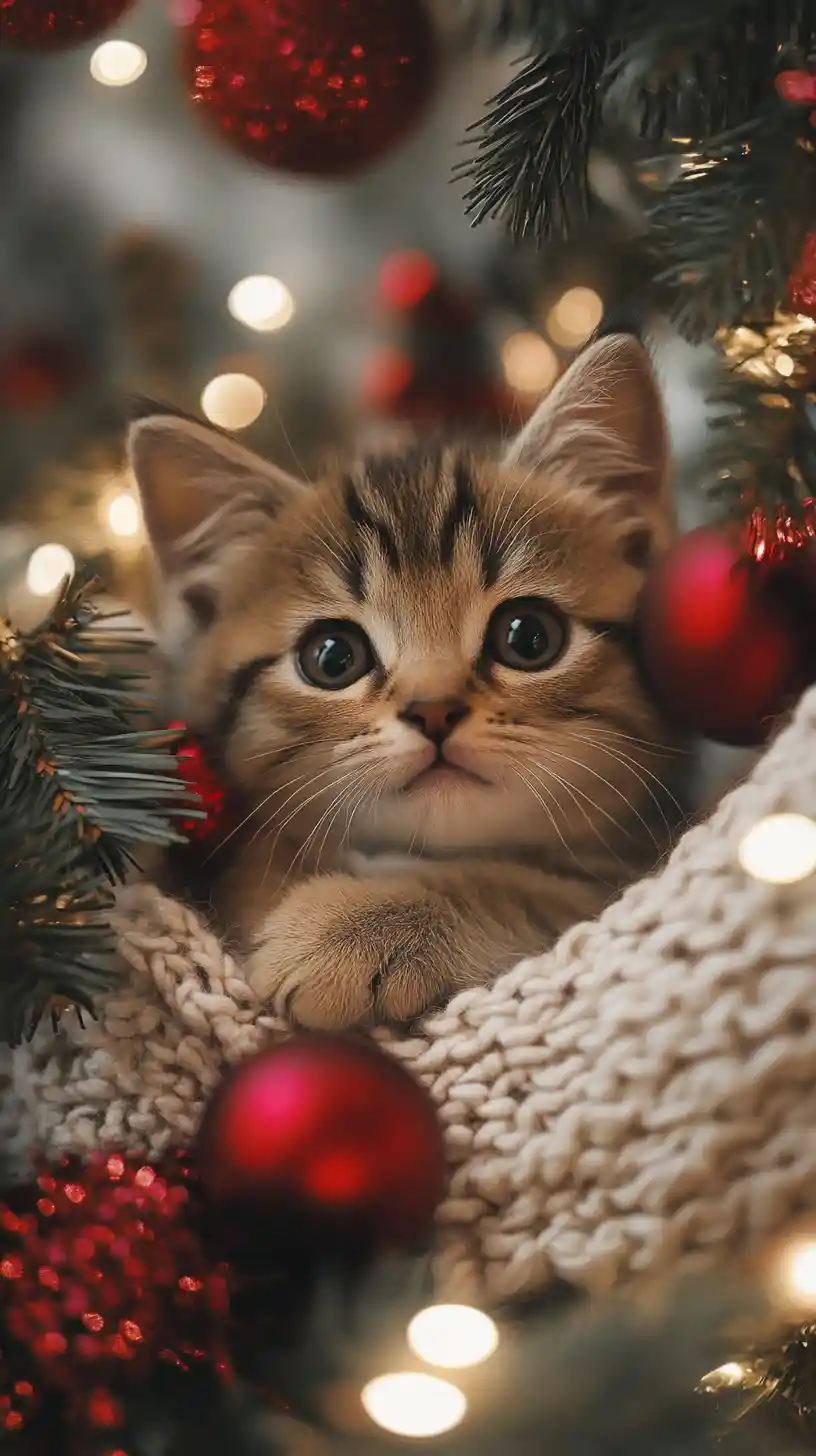 Adorable chaton dans une scène intérieure de Noël chaleureuse