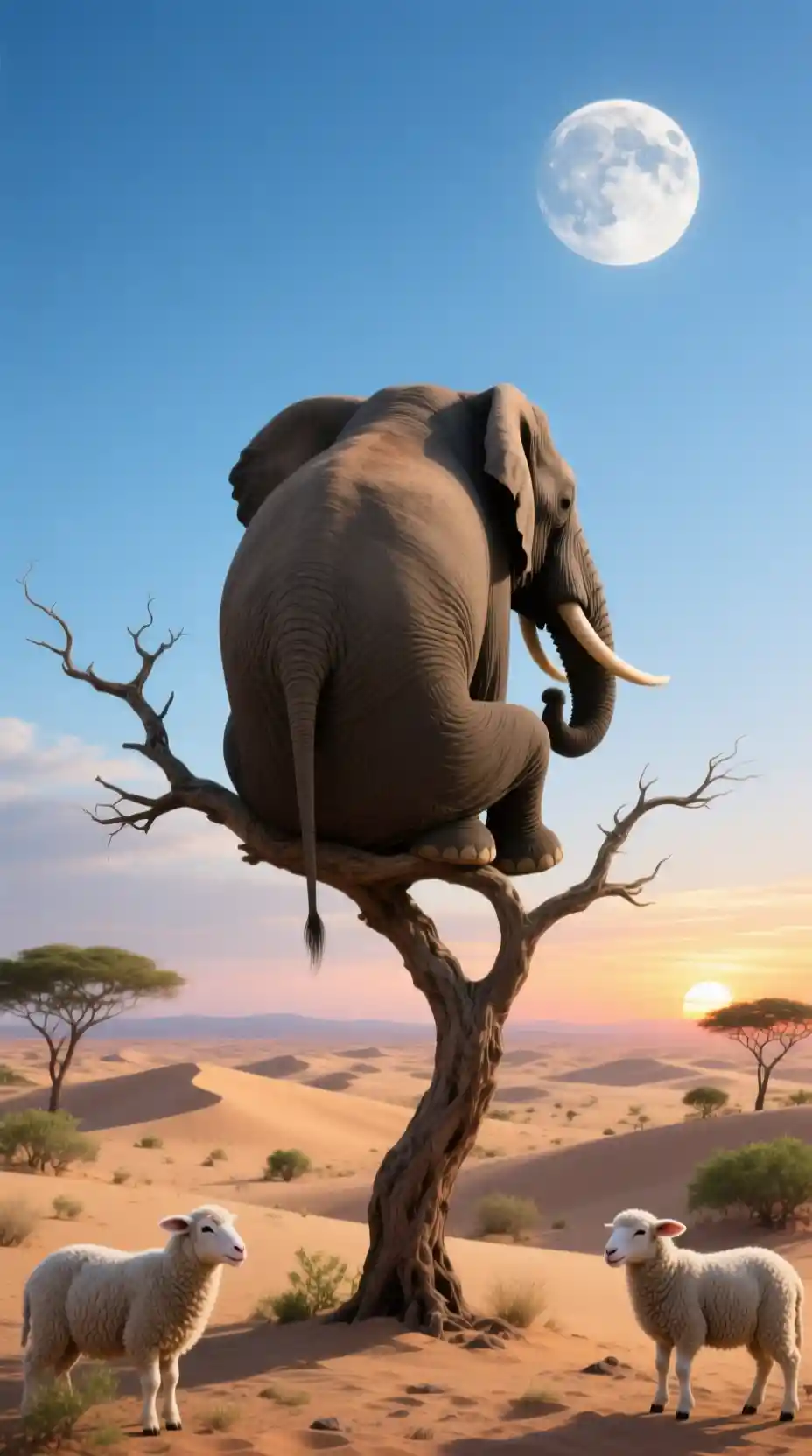 Éléphant surréaliste perché sur une branche fragile au-dessus des dunes du désert