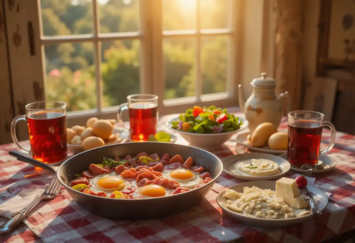 Cheerful breakfast spread on a sunny checkered table