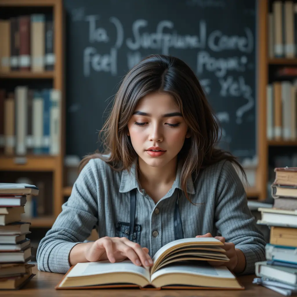 Confused student with open books facing difficult exam subjects