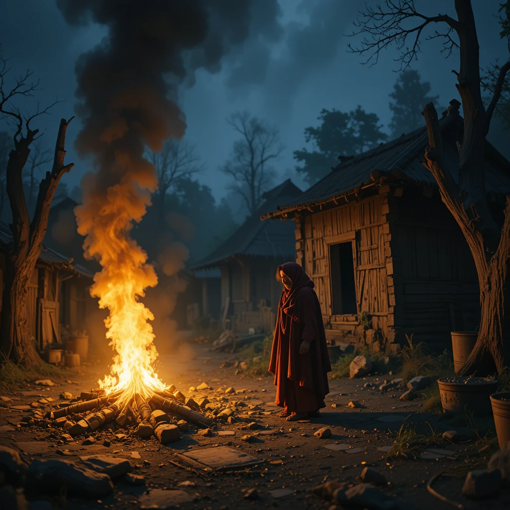 Loyal village dog guarding a humble rural home at night