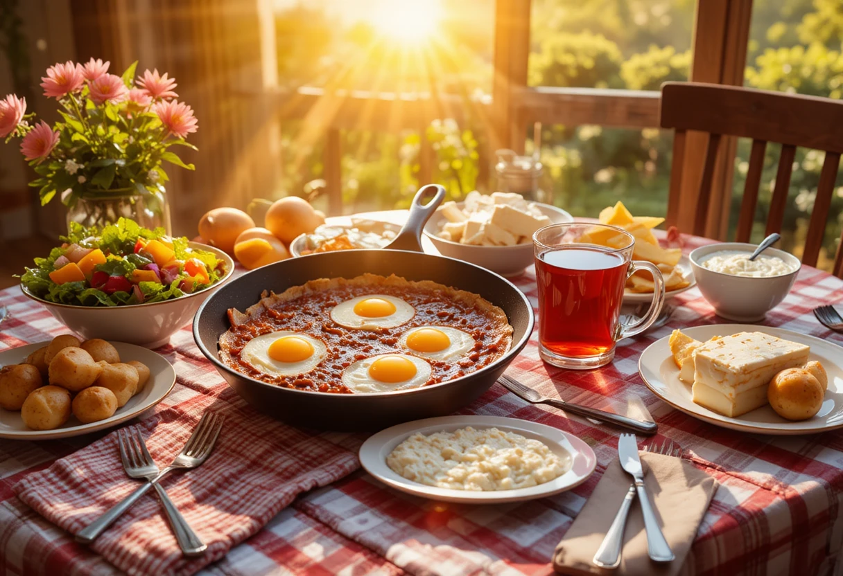 Mesa de desayuno soleada con huevos, ensalada y té