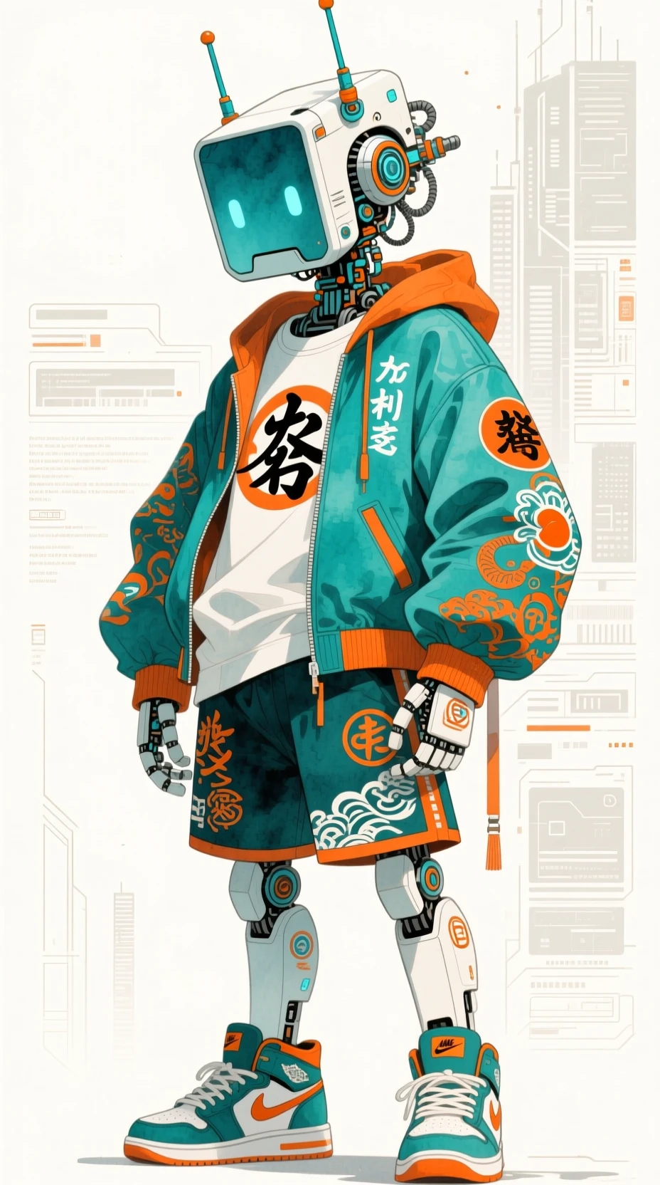 Robot umanoide ad acquerello con streetwear teal e arancione