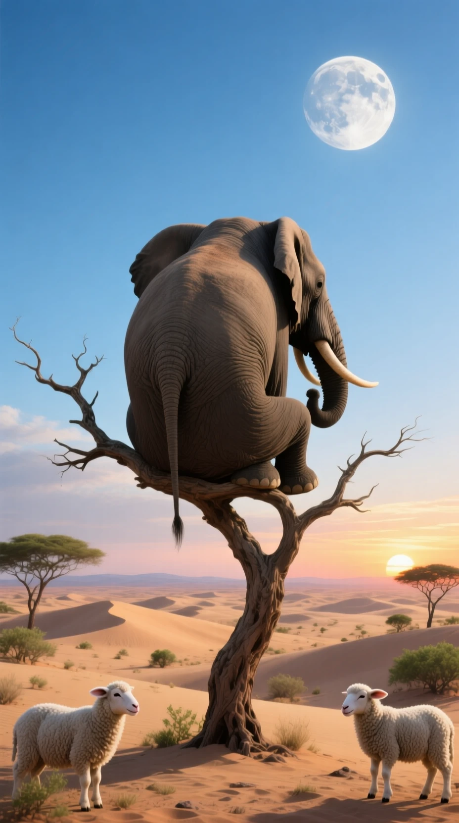 Elefante surreale appollaiato su un fragile ramo sopra le dune del deserto
