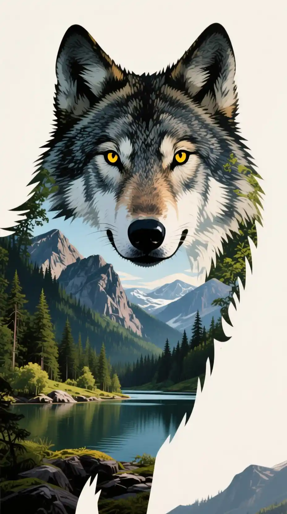 Alpha-Wolf-Silhouette gefüllt mit Wald, Bergen und See