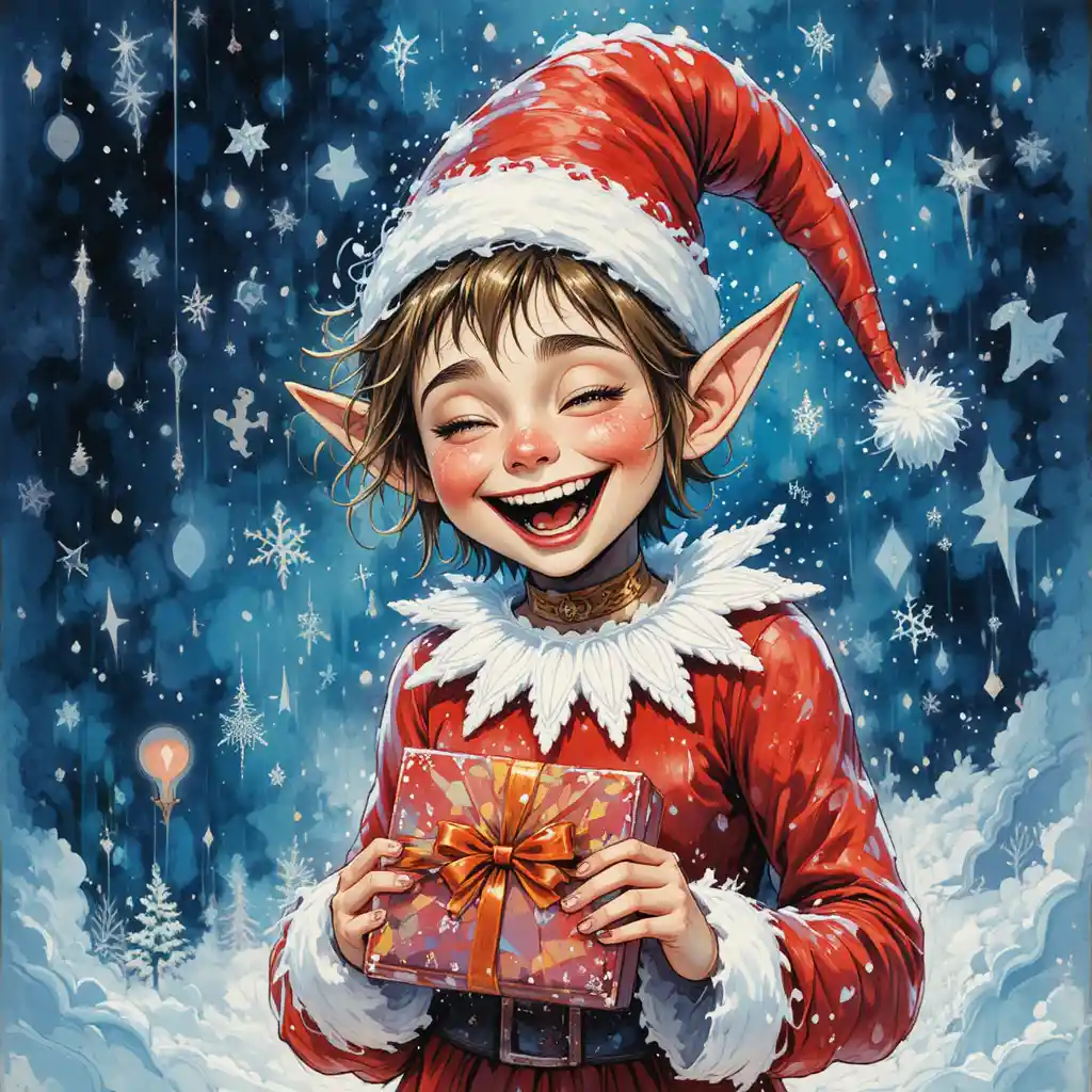 Lutin de Noël rieur jonglant avec des cadeaux colorés
