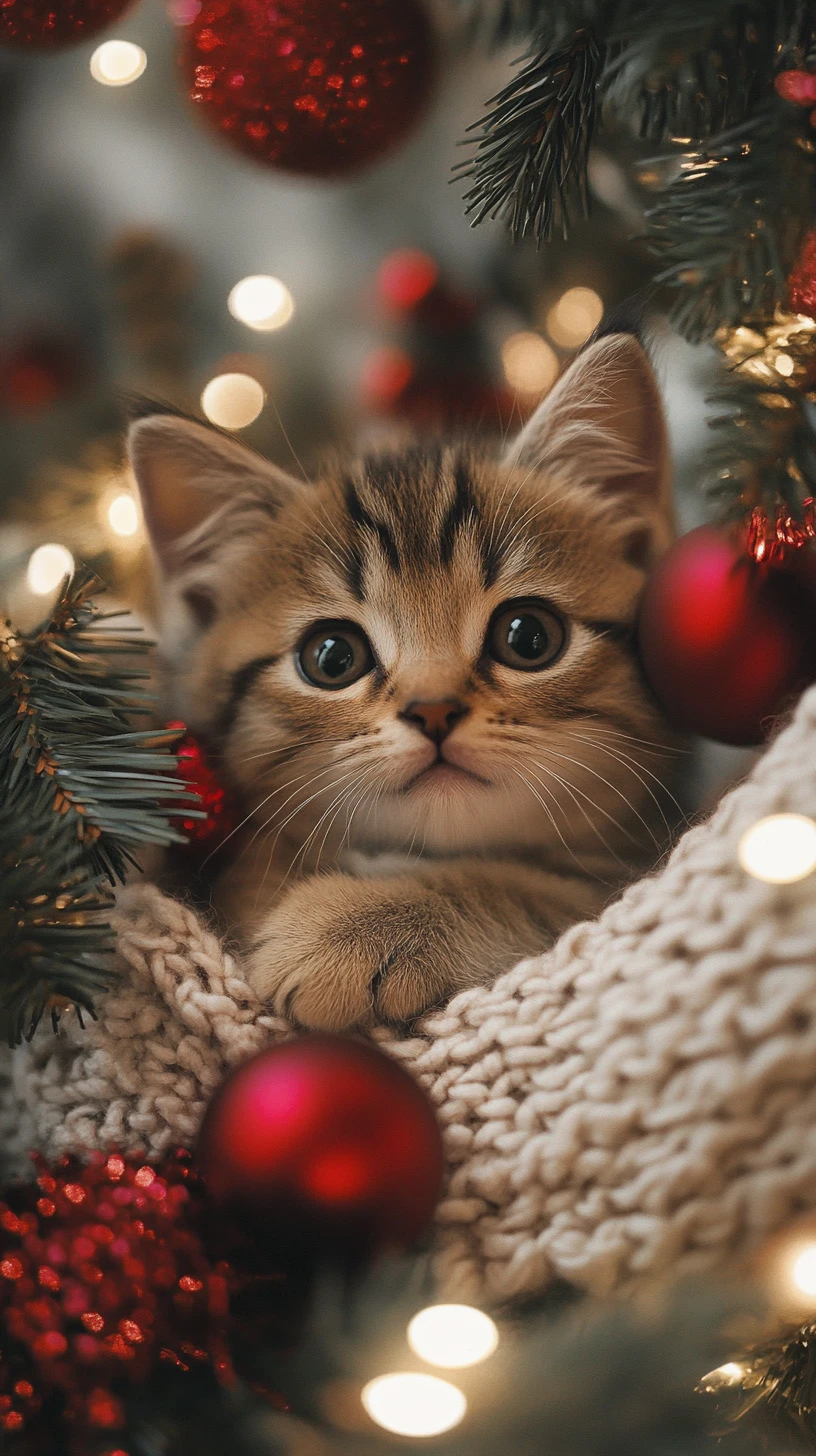 Adorable chaton dans une scène intérieure de Noël chaleureuse
