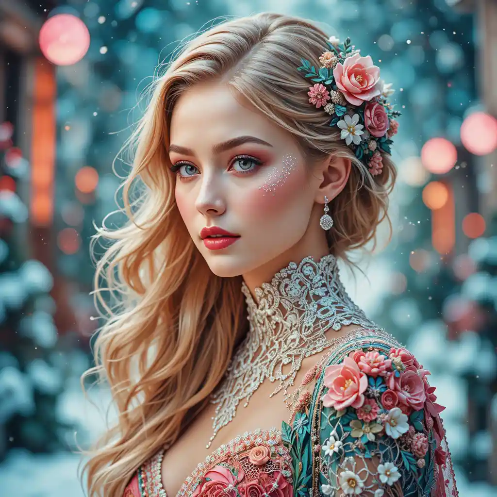 Blonde girl in white lace corset with festive jewelry