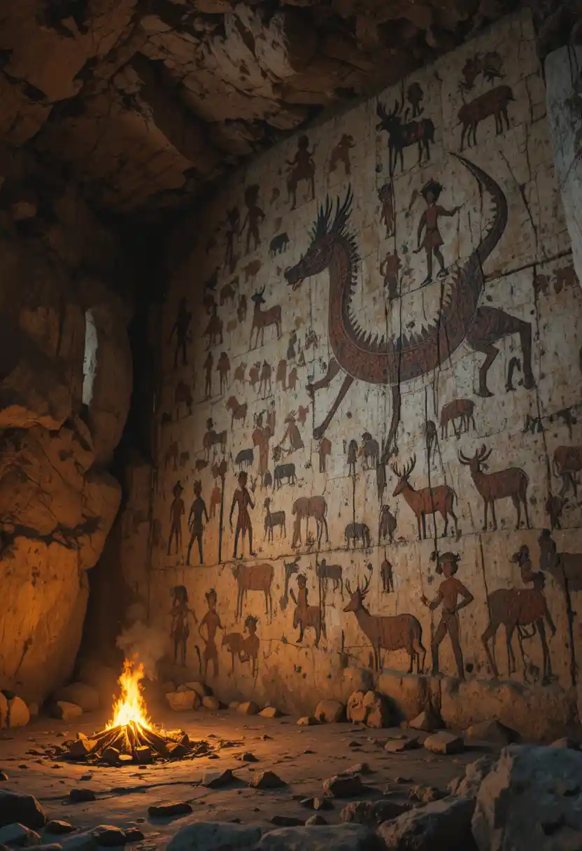 Ancient cave wall with dragon and primitive firelit art