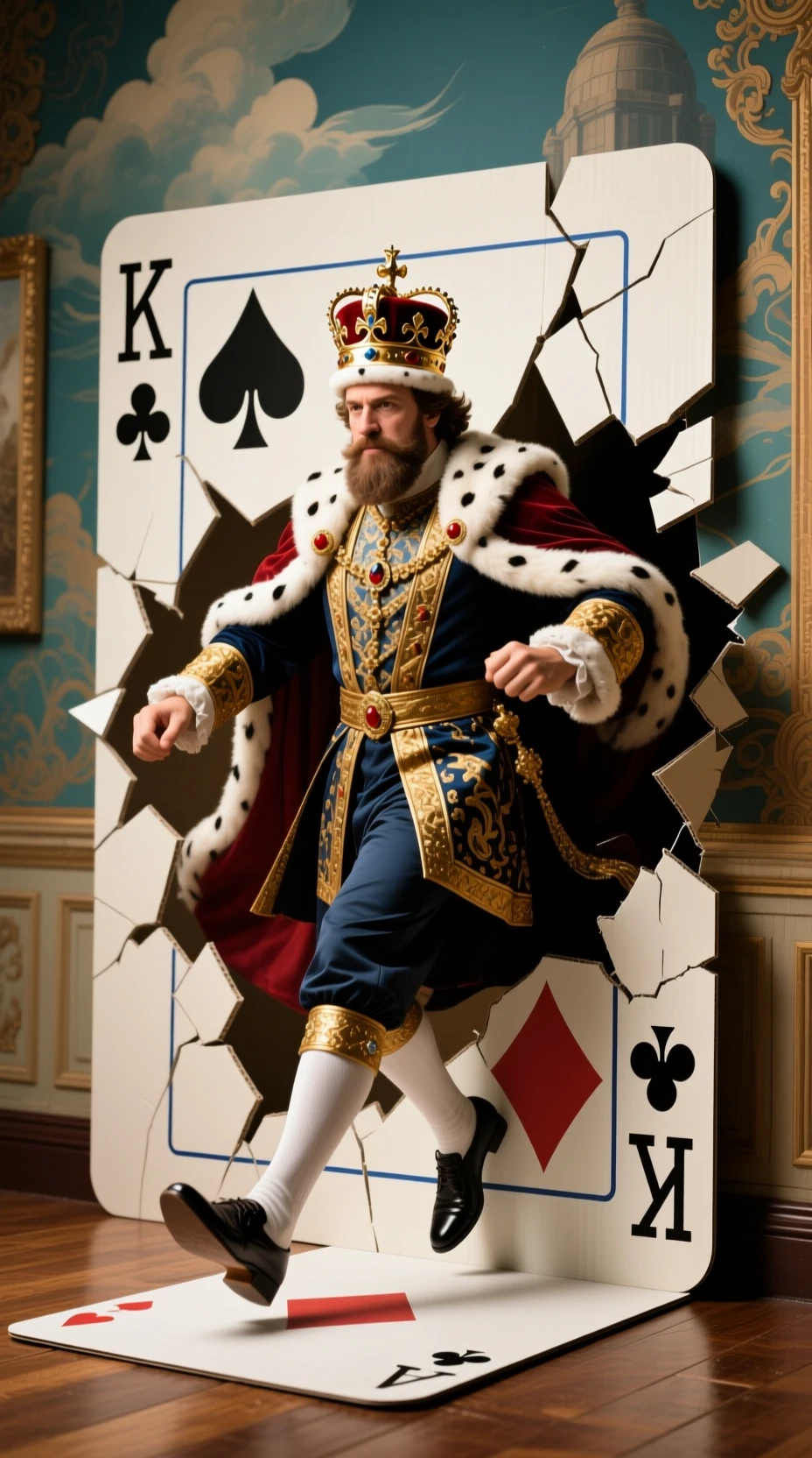Surreal king of cards stepping out into a new realm