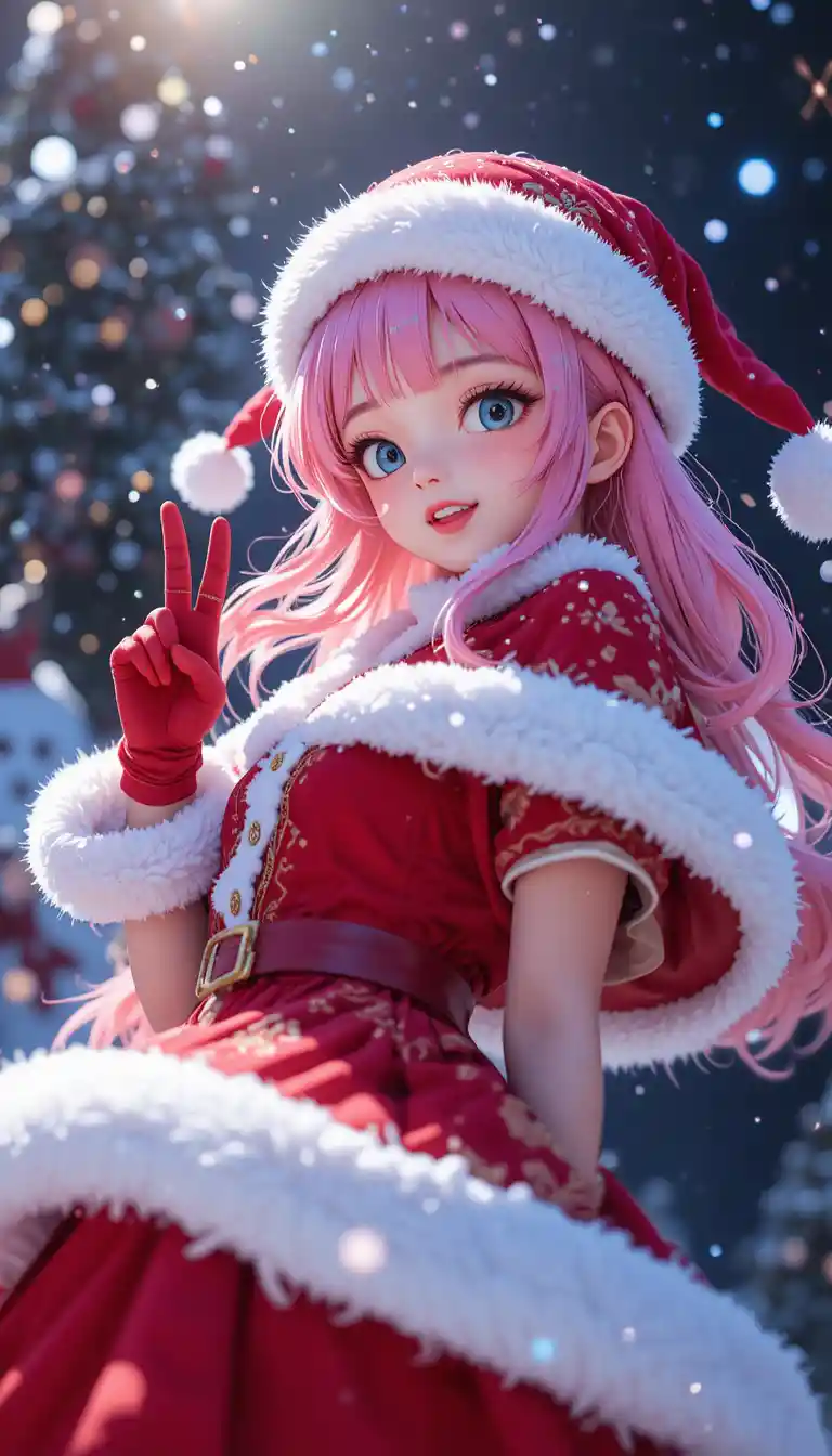 Anime-Weihnachtsfrau posiert fröhlich in verschneiter Winternacht