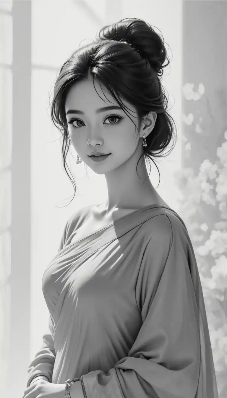 Jeune fille d’anime timide en sari traditionnel – Illustration de portrait