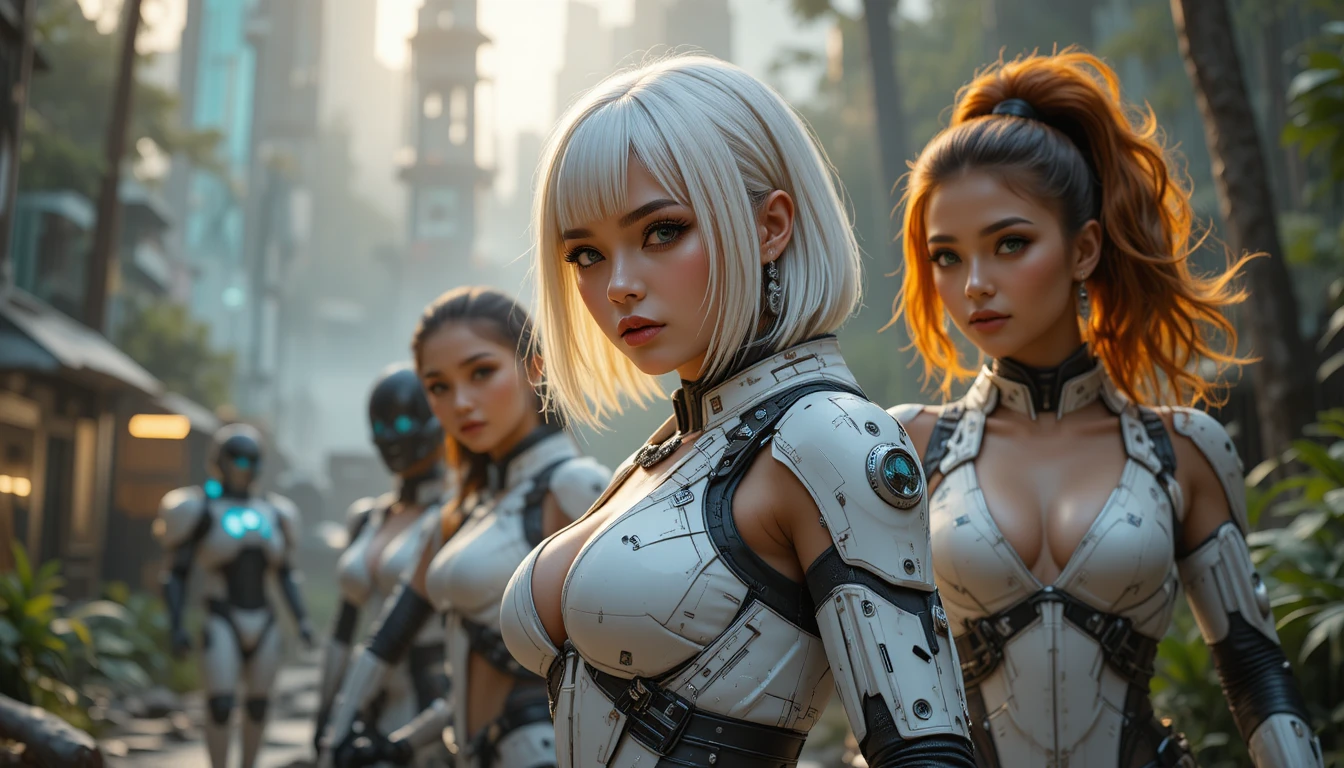 Fierce sci fi women in armor at futuristic forest base