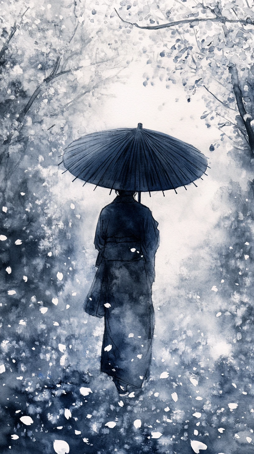 Lone figure under umbrella amid falling cherry blossom petals