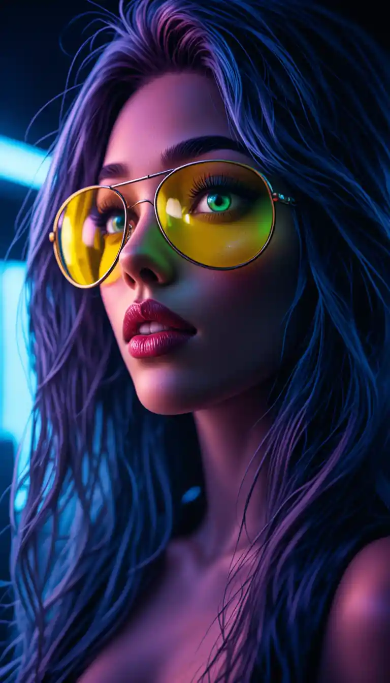 Neon lit blue haired woman in aviator sunglasses