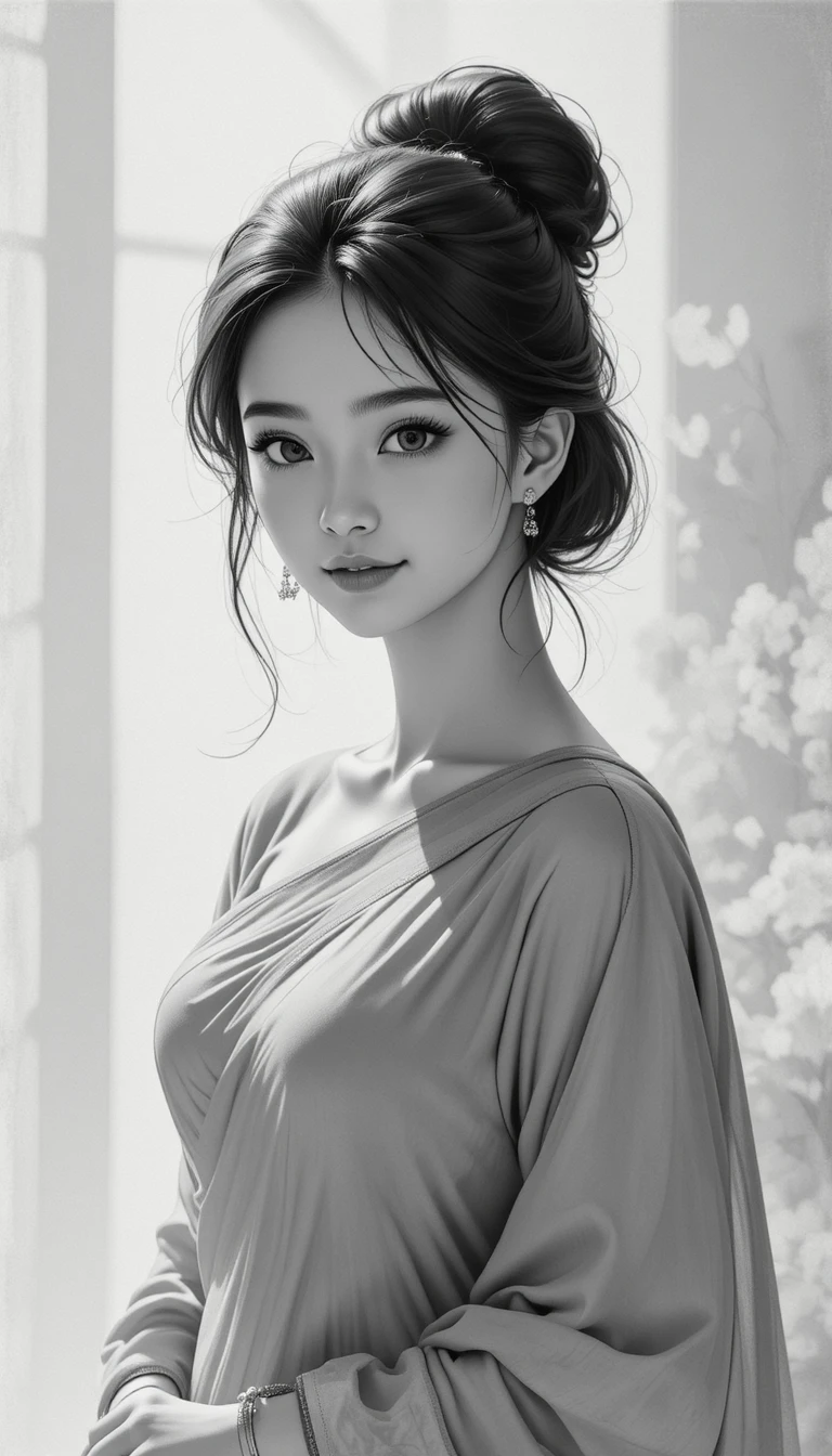 Jeune fille d’anime timide en sari traditionnel – Illustration de portrait