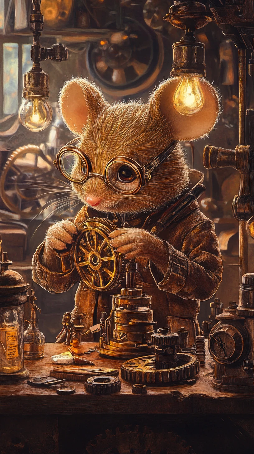 Steampunk Mouse Repairing Clockwork In Victorian Workshop