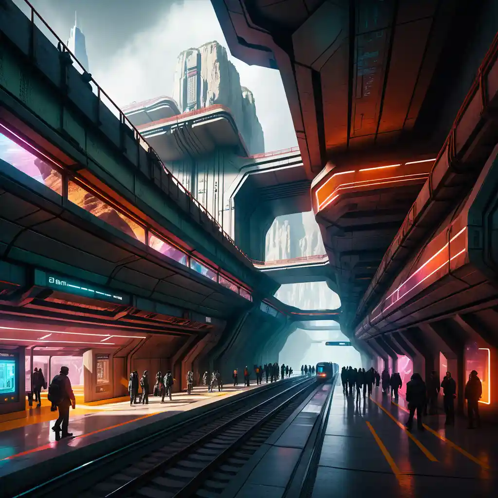 Stazione di transito futuristica nel canyon con treni verticali al neon