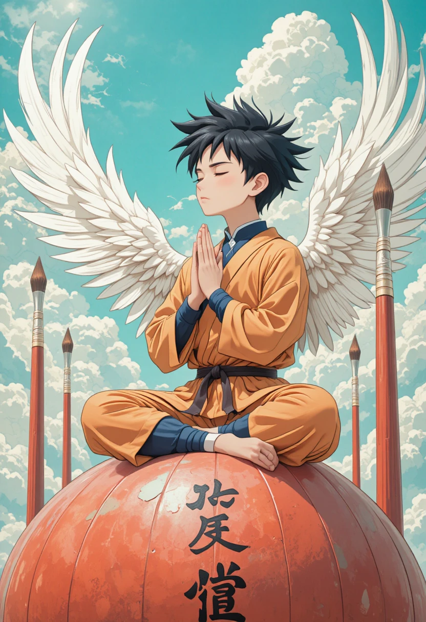 Anime boy with angel wings meditating on red dome