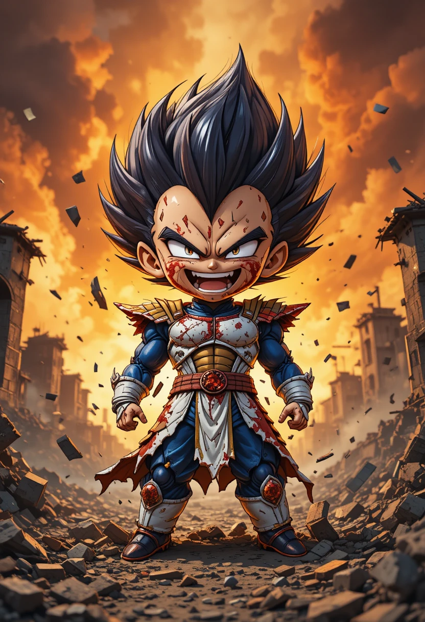 Chibi warrior grinning in bloodstained armor amid destruction