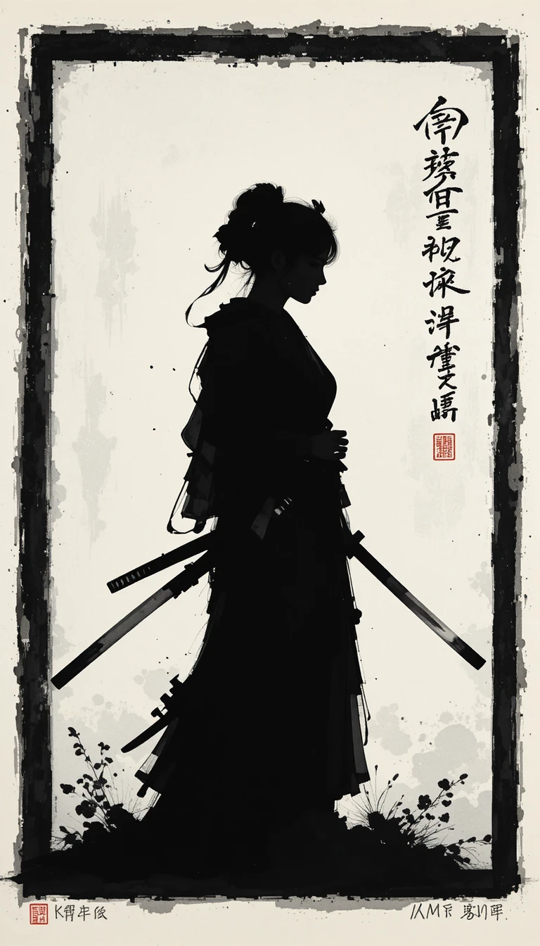 Samurai donna solitaria in netta silhouette d’inchiostro bianco