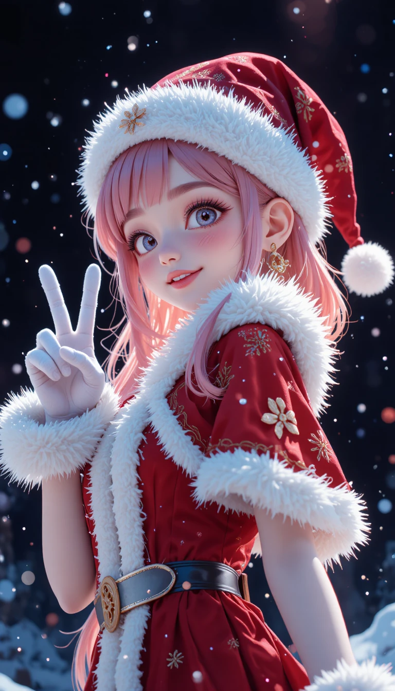 雪の冬空の下でポーズをとるアニメサンタ女性