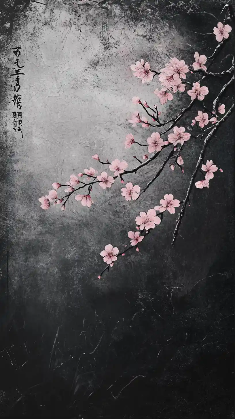 Cherry blossoms in sumi e inspired digital ink painting