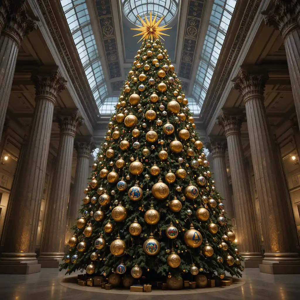 Grande albero di Natale all’interno di un museo egizio