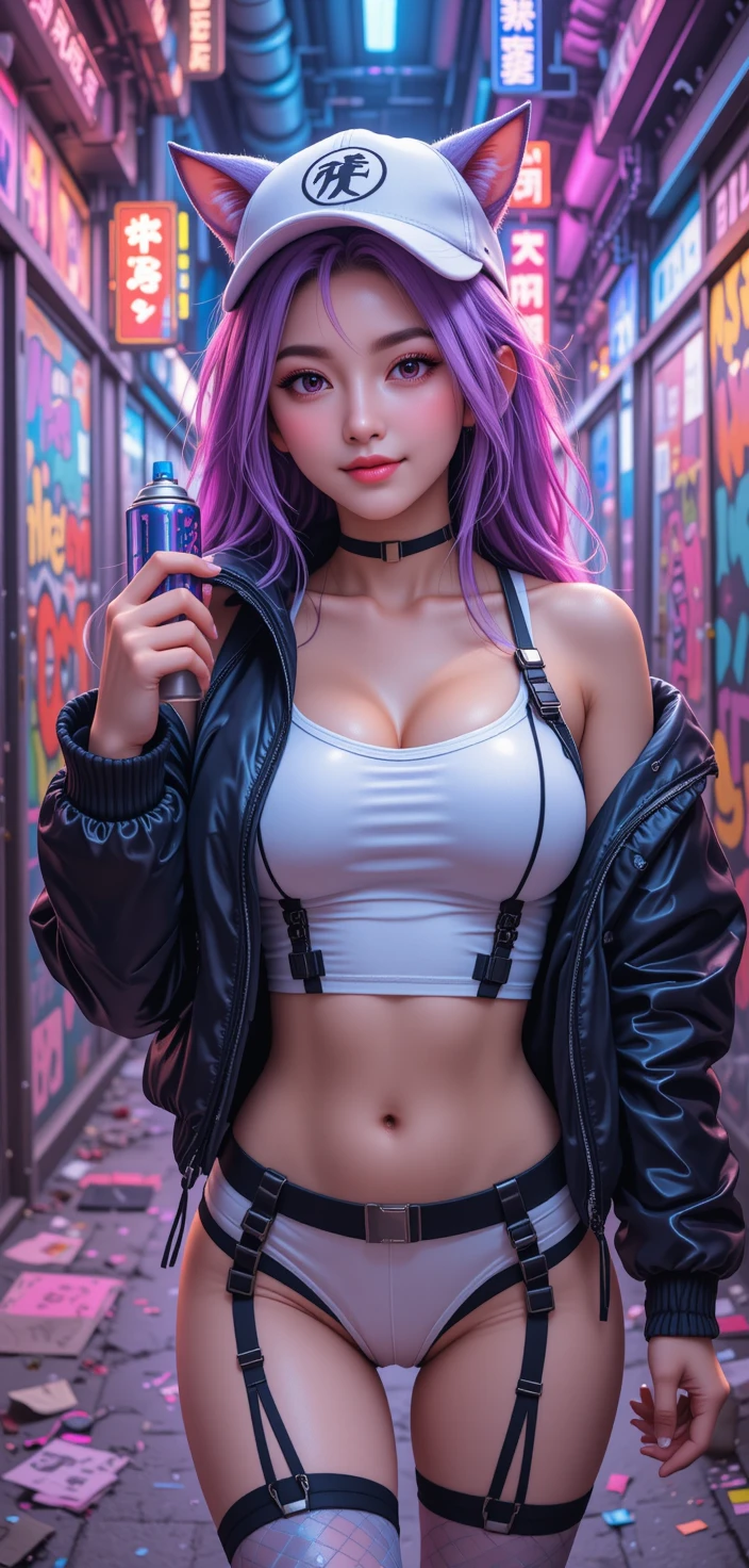 Confident anime girl with spray paint in neon alley