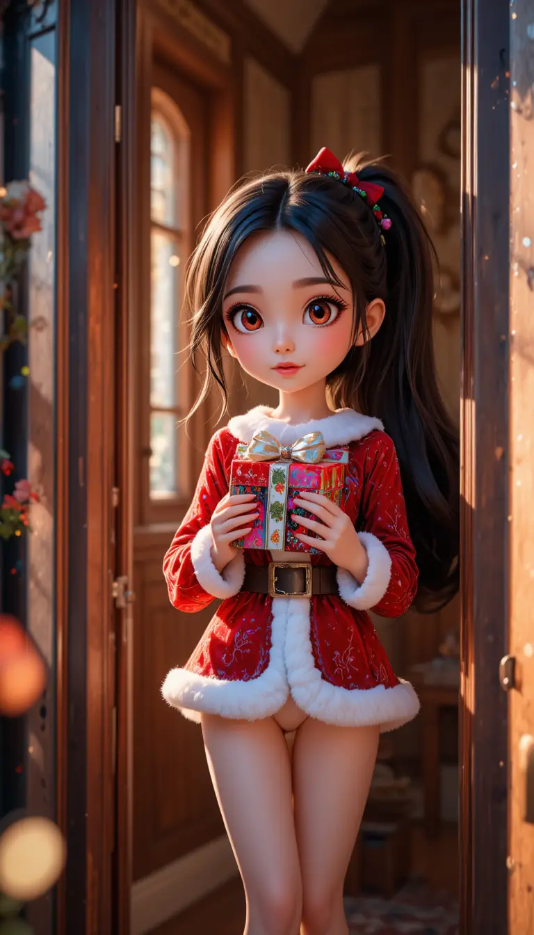 Cute girl in santa outfit knocking at a doorway